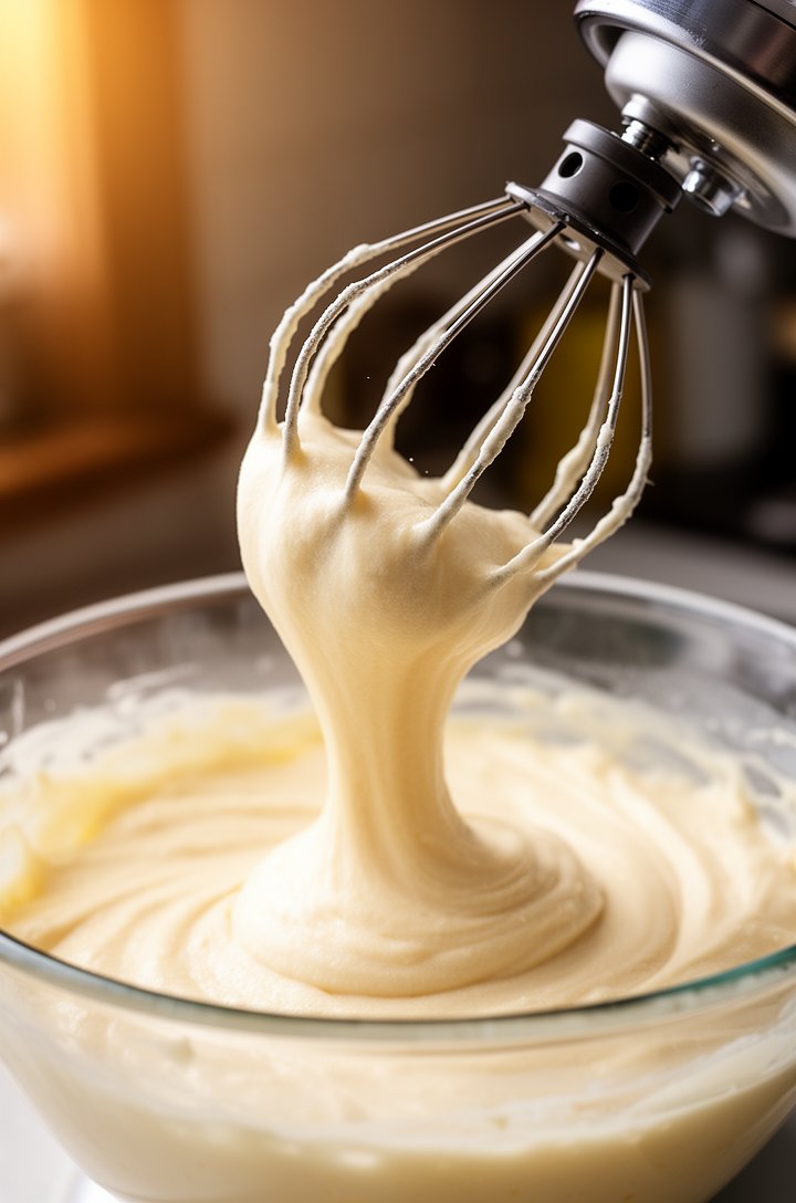 Close-up side-angle shot of a stand mixer whisk attachment lifted from a glass bowl, showing thick pale ivory egg-sugar batter falling in a wide ribbon that holds its shape on the surface below, the m