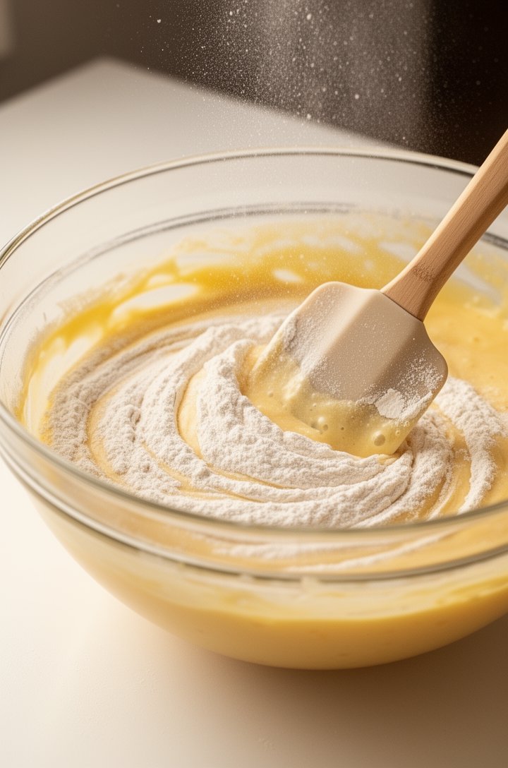 45-degree angle shot of a rubber spatula gently folding sifted flour into a thick pale yellow egg batter in a large glass mixing bowl, showing the streaks of white flour being incorporated into the ai