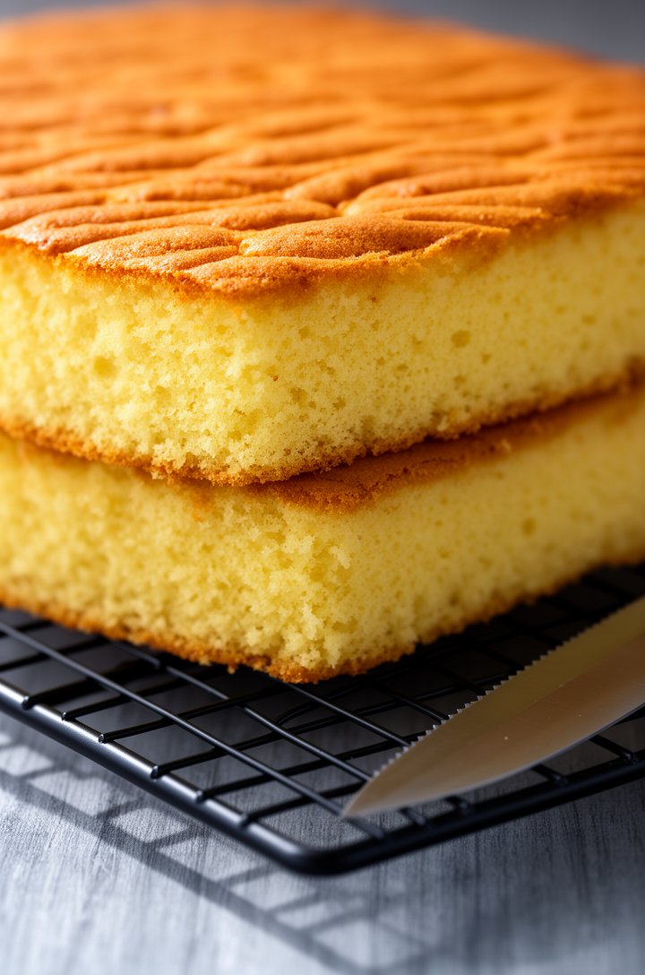 Extreme close-up macro shot of two golden sponge cake layers stacked on a black wire cooling rack, shot from a low side angle showing the fine even crumb structure of the pale yellow interior, the top