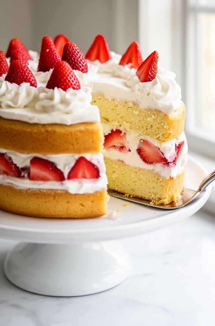 Side-angle shot of a finished two-layer sponge cake on a white ceramic cake stand, layers filled with billowy whipped cream and halved fresh strawberries, more whipped cream swirled on top with whole
