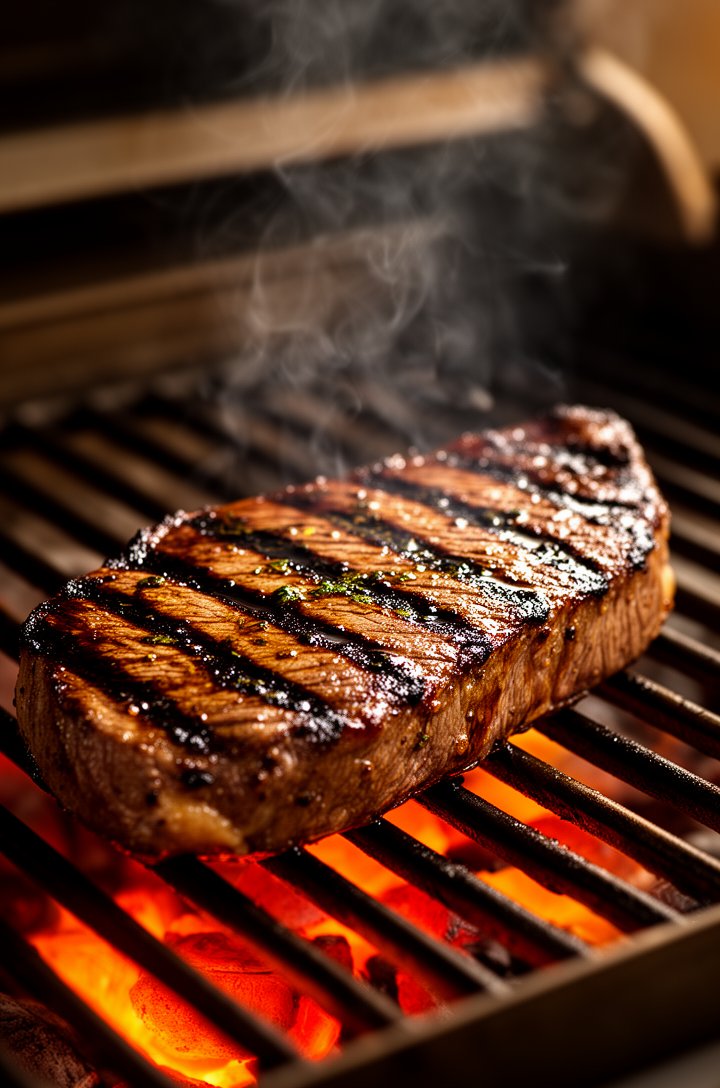 Close-up side-angle shot of a flank steak searing on a hot grill grate with visible dark char marks and grill lines, wisps of smoke rising from the surface, the meat glistening with oil and balsamic m