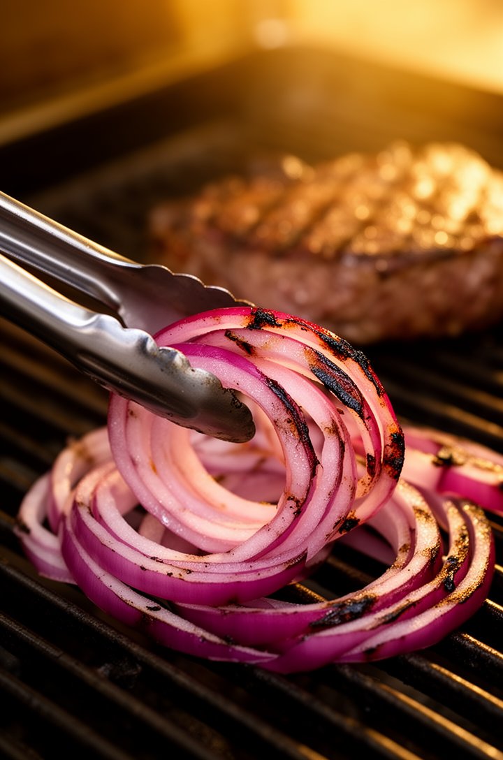45-degree angle shot of thick red onion rings with dark grill marks on one side being flipped with metal tongs on a grill grate, the rings slightly translucent and softened with charred edges, warm go