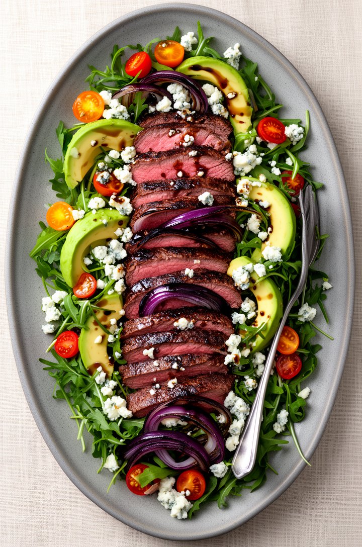 Overhead shot of the assembled steak salad on a large oval gray ceramic platter — thinly sliced medium-rare flank steak with pink centers and dark seared edges fanned in a row down the center, surroun