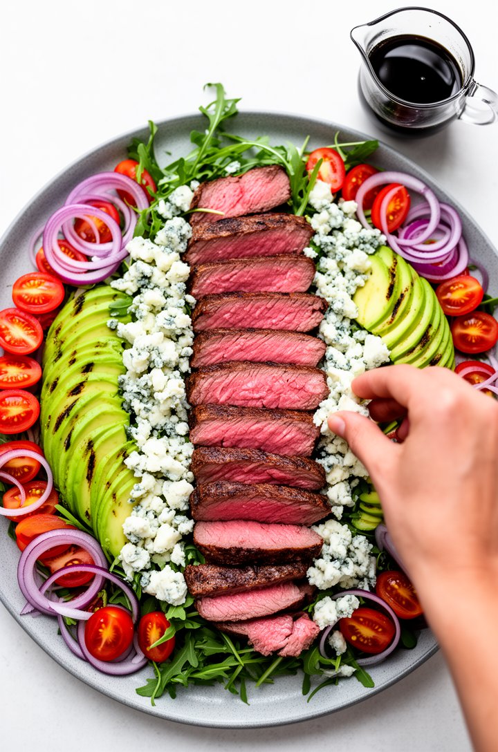 Overhead flat-lay of the finished steak salad being assembled — a large gray ceramic serving platter with mixed arugula and greens as the base, halved cherry tomatoes and grilled red onion rings arranged around the edges, sliced avocado fanned on one side, generous crumbles of white-blue gorgonzola scattered across, with a hand placing the final slices of pink grilled steak down the center, a small glass pitcher of dark balsamic vinaigrette in the upper corner, bright airy natural lighting