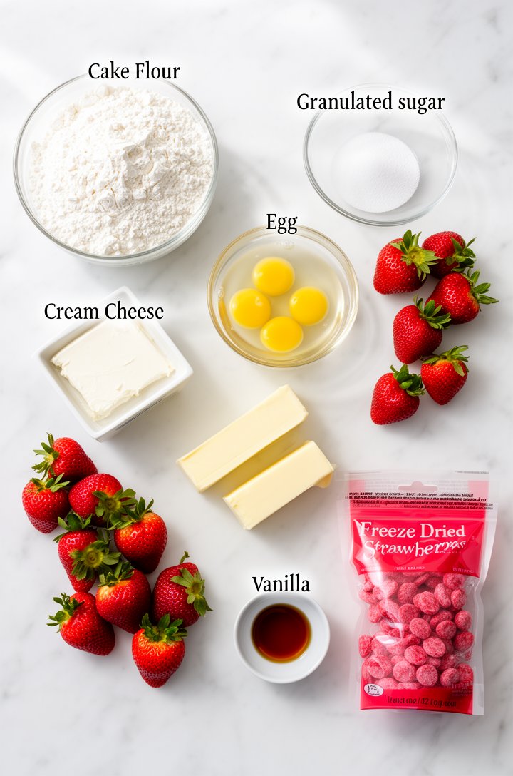 Overhead flat-lay of fresh whole strawberries scattered across a white marble surface alongside measured bowls of cake flour, granulated sugar, egg whites in a small glass bowl, a block of cream chees