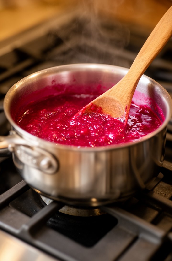 Close-up side-angle shot of a small stainless steel saucepan on a gas stovetop containing thick reduced strawberry puree, deep pink-red color with a glossy sheen, a wooden spoon resting in the puree s