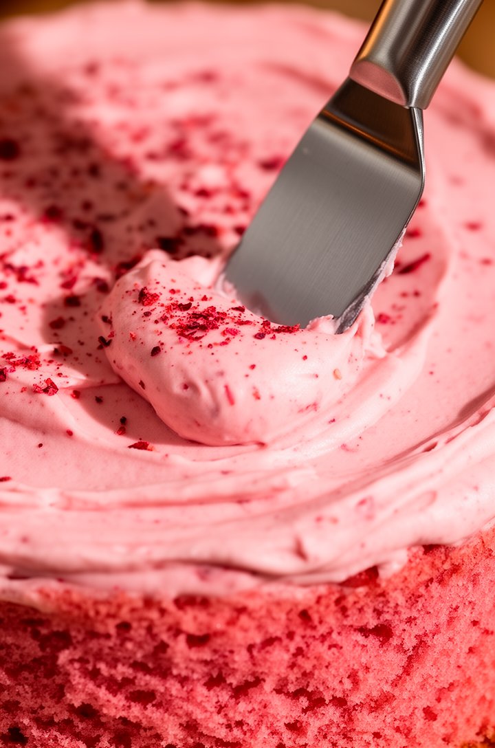 Extreme close-up macro shot of pink cream cheese frosting being spread with a silver offset spatula onto the top of a pink strawberry cake layer, visible flecks of freeze-dried strawberry powder throu