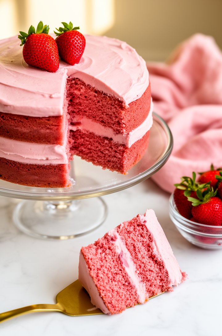 45-degree angle shot of the finished two-layer strawberry cake on a clear glass cake stand with one slice cut and partially pulled forward on a gold cake server, revealing the moist pink interior crum