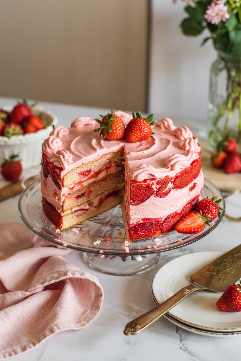 Homemade Strawberry Cake with Cream Cheese Frosting