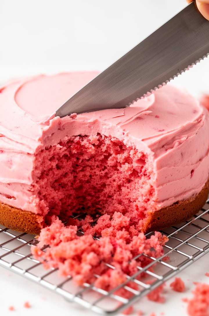 Close-up overhead shot of a serrated knife leveling the domed top off a cooled pink strawberry cake layer on a wire cooling rack, the cut revealing the moist tender pink crumb inside, cake scraps beside the layer, natural window light, clean white background