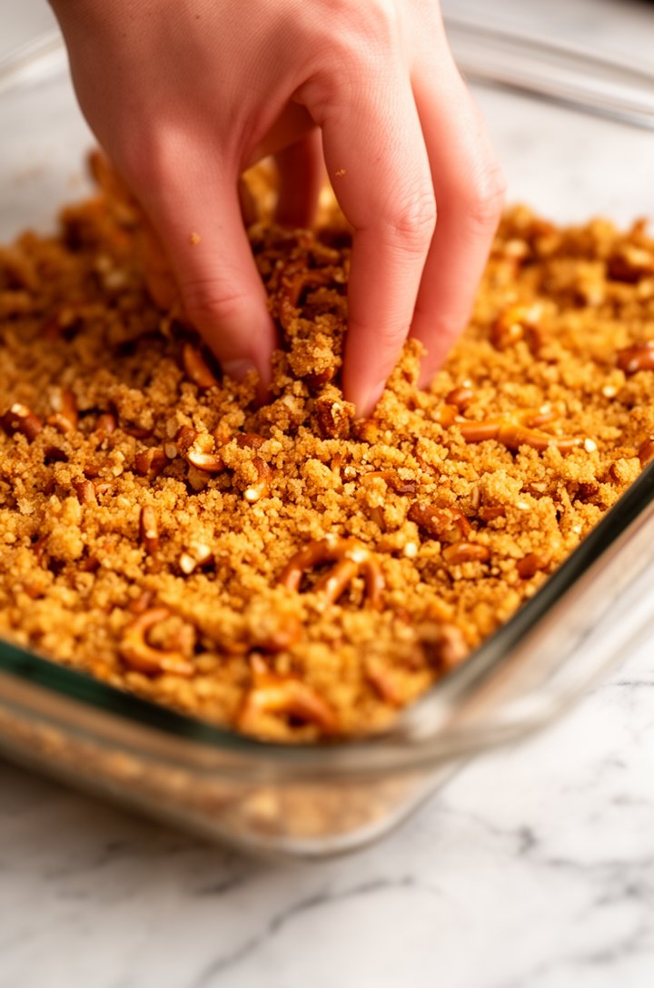 Close-up side-angle shot of crushed pretzel mixture being pressed firmly into the bottom of a clear 13x9 glass baking dish with fingertips, showing the golden-brown buttery crumb texture with visible 
