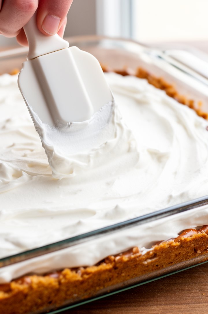 45-degree angle shot of fluffy white cream cheese and Cool Whip mixture being spread with a rubber spatula over the golden baked pretzel crust in a 13x9 glass dish, the white filling contrasting again
