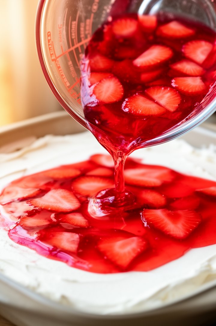 Slightly elevated side-angle close-up of ruby-red strawberry Jell-O mixture with visible sliced strawberry pieces being poured from a glass measuring cup over the set white cream cheese layer in the b
