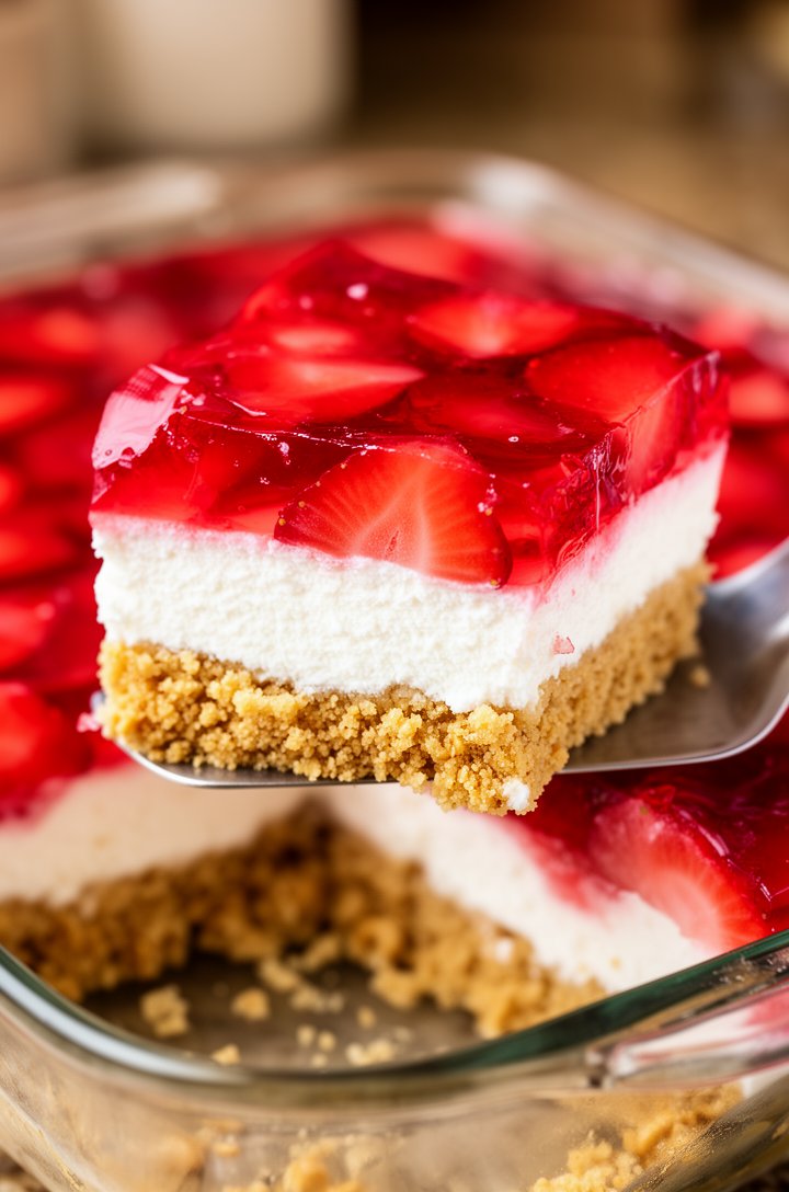 Close-up macro shot of a freshly cut square slice of strawberry pretzel salad being lifted from the 13x9 dish with a metal spatula, all three layers perfectly visible in cross-section: golden crumbly 