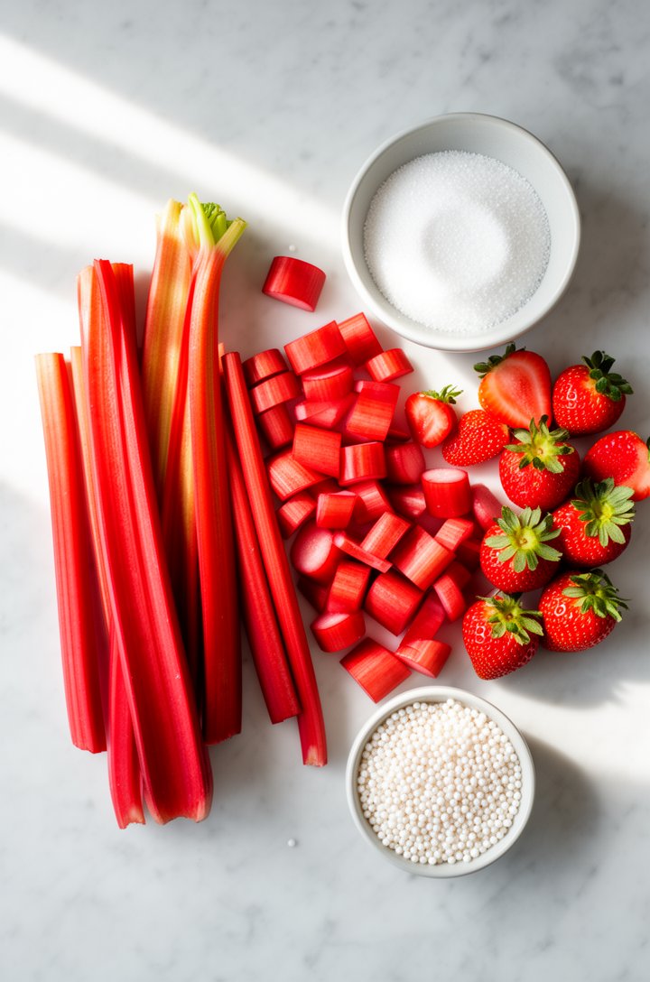 Overhead flat-lay of fresh bright red rhubarb stalks cut into half-inch pieces alongside whole and halved fresh strawberries on a light marble surface, with a small bowl of granulated sugar and a dish