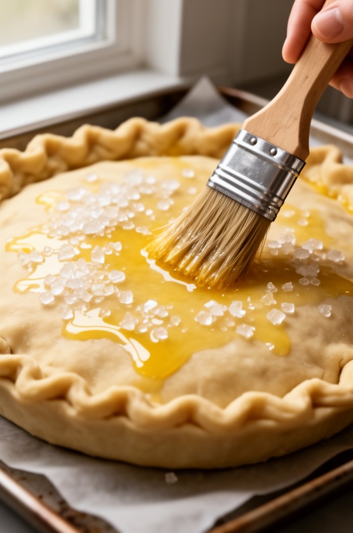 Side-angle shot of an unbaked pie with a golden raw top crust being brushed with egg wash using a pastry brush, coarse sugar crystals scattered across the surface catching the light, the crimped edges