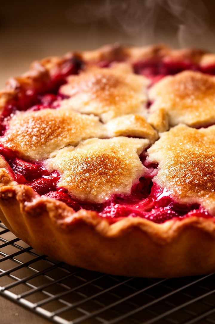 Extreme close-up of a freshly baked strawberry rhubarb pie cooling on a wire rack, the top crust is deep golden brown with visible sugar crystals and small cracks revealing ruby-red filling bubbling u
