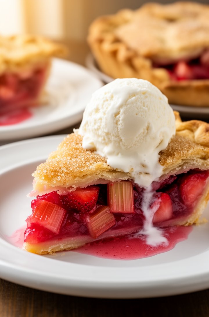 Side-angle close-up of a single slice of strawberry rhubarb pie on a white ceramic plate, the cross-section showing distinct layers — flaky golden bottom crust, thick ruby-pink fruit filling with visi