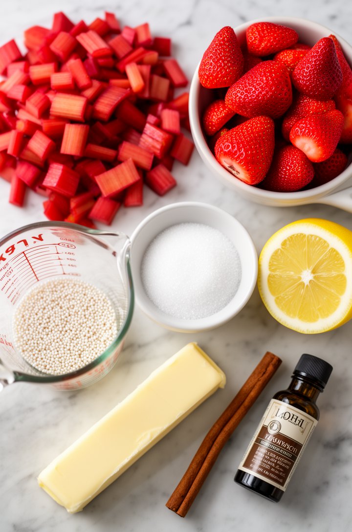 Overhead flat-lay of all pie ingredients arranged on a marble countertop: a mound of chopped bright red rhubarb, a bowl of hulled halved strawberries, a measuring cup of granulated sugar, small bowls of minute tapioca and flour, a lemon cut in half, a stick of butter, a cinnamon stick, and a bottle of vanilla extract, bright even natural light, clean organized composition