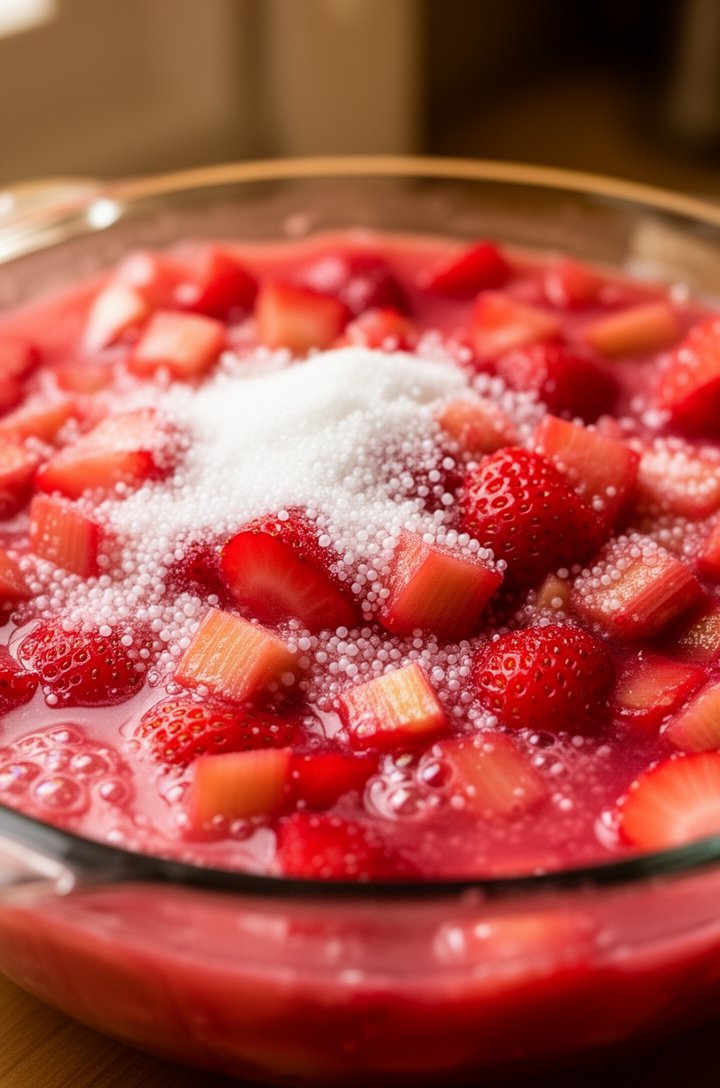 Close-up shot of strawberry and rhubarb pieces mixed together in a large glass bowl with sugar and tapioca, the fruit glistening with released juices after sitting 15 minutes, tapioca pearls visible absorbing the pink liquid, warm kitchen lighting from the side