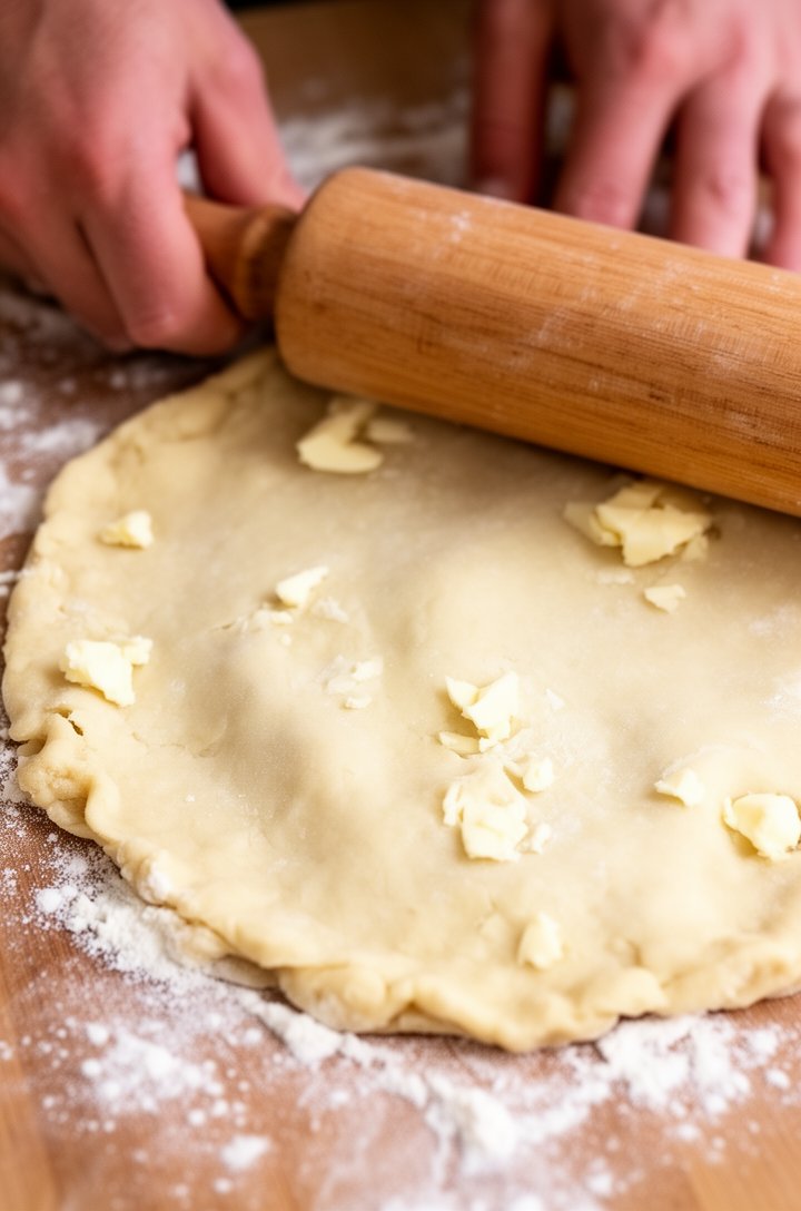 45-degree angle shot of hands rolling out pie dough on a lightly floured wooden surface with a wooden rolling pin, the dough is a rough circle about 12 inches across, small bits of visible butter creating a marbled texture in the pale dough, flour dusted across the surface