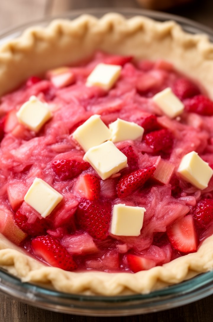 Overhead shot of the fruit filling piled into the bottom pie crust in a glass pie dish, the filling mounded slightly in the center, small chunks of butter dotted across the top of the pink-red fruit mixture, the crimped crust edge visible around the rim