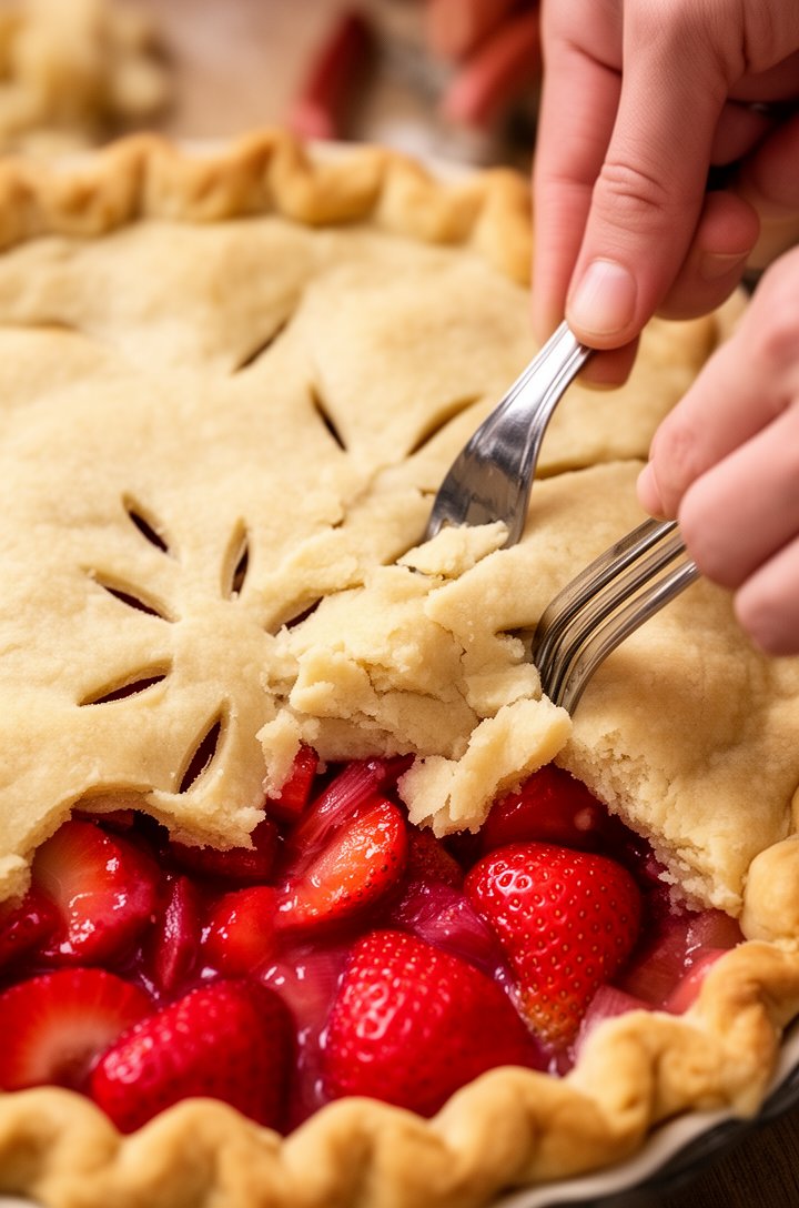 Close-up of the top crust being placed over the filled pie, hands crimping the edges together with a fork, excess dough trimmed away, the top crust has decorative slits cut in a star pattern, shot from slightly above at a 30-degree angle