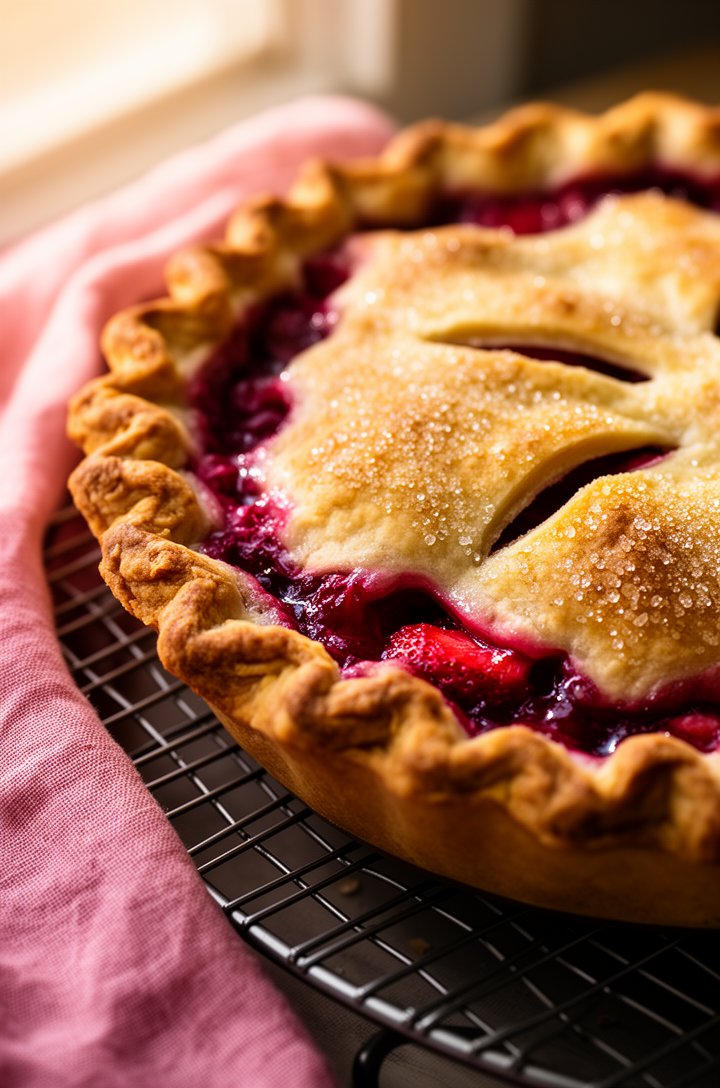 Side-angle shot of the fully baked pie on a wire cooling rack, the crust is deep golden brown with glistening sugar crystals on top, dark pink-red filling visibly bubbling through the vent slits, a pink linen napkin draped beside it, warm afternoon light streaming from the left side
