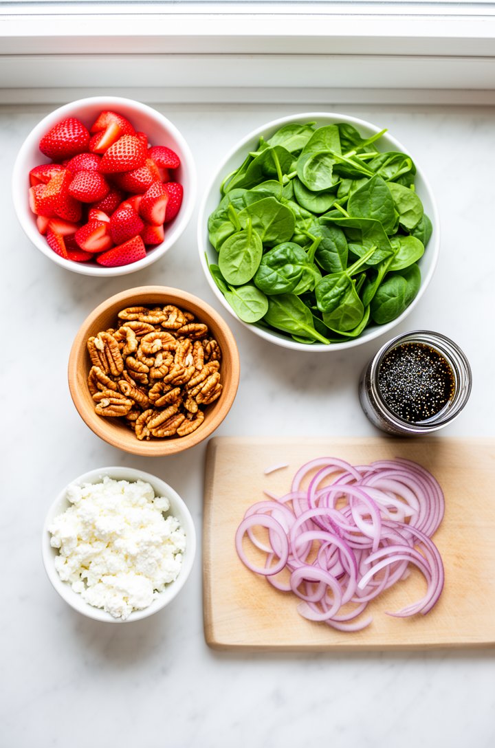 Overhead flat-lay of strawberry salad ingredients arranged in separate small bowls on a white marble surface: a bowl of bright red quartered strawberries, a mound of vibrant green baby spinach, a smal