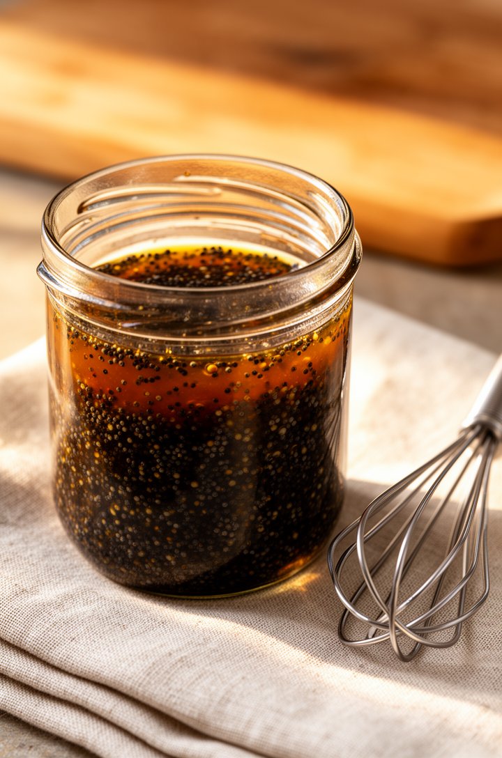 Close-up 45-degree angle shot of a small glass jar filled with dark balsamic poppy seed dressing, tiny black poppy seeds suspended throughout the amber-brown liquid, a small whisk resting beside the j