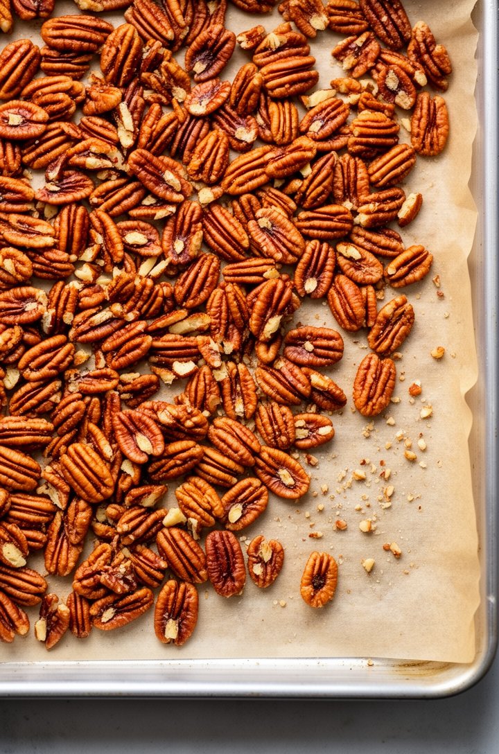 Overhead shot of toasted golden-brown pecan halves spread across a parchment-lined baking sheet fresh from the oven, some pecans roughly chopped showing lighter interior, warm amber tones, a few scatt