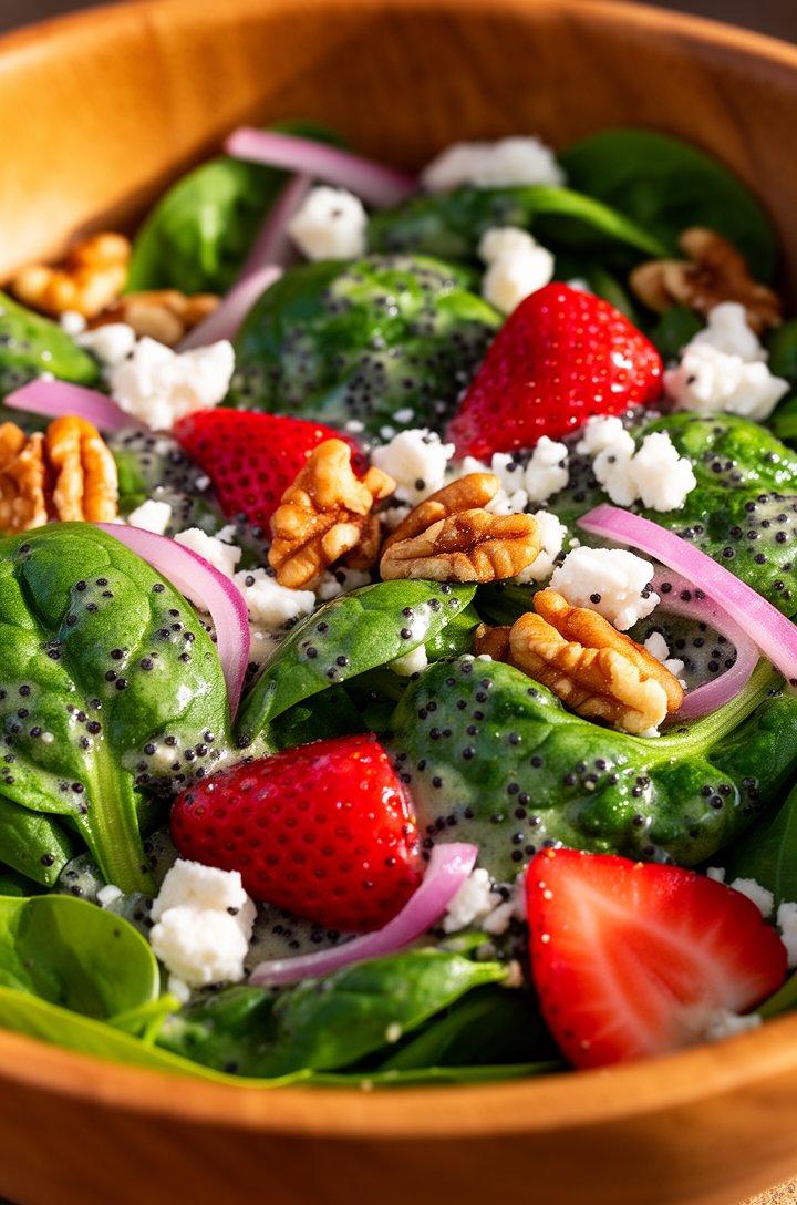 Extreme close-up macro shot of the assembled strawberry spinach salad in a warm-toned wooden bowl, camera 8 inches away, showing glistening baby spinach leaves coated in poppy seed dressing, bright re