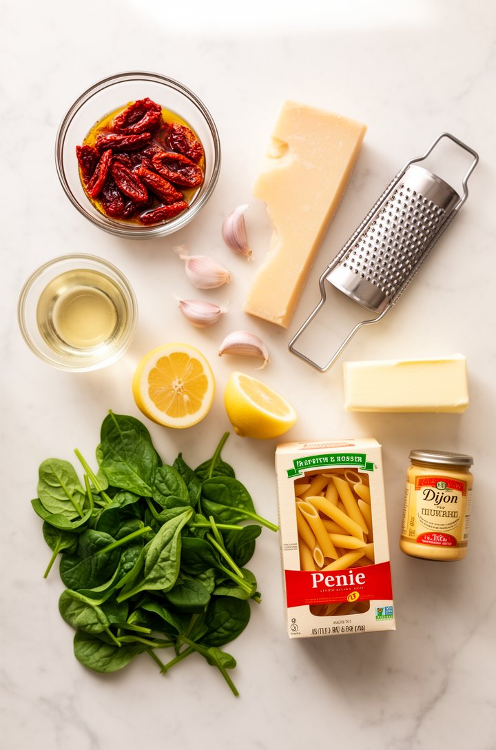 Overhead flat-lay of ingredients arranged on a white marble countertop — a small glass bowl of ruby-red sun-dried tomatoes in oil, a block of parmesan with a microplane grater beside it, three garlic 