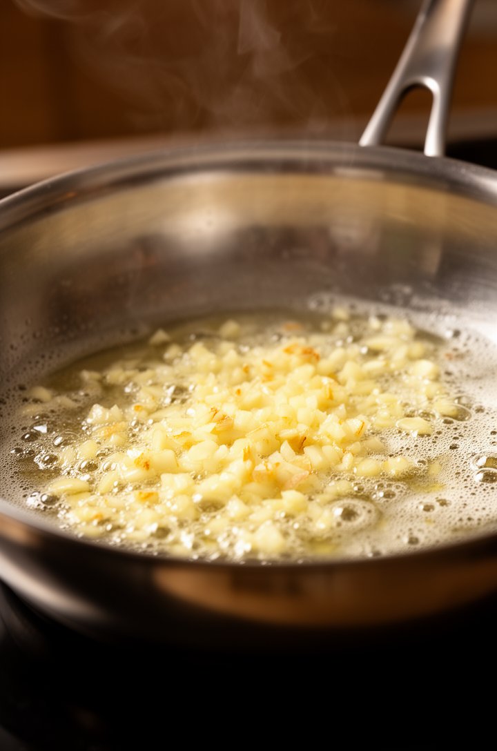 Close-up 45-degree angle of butter melting and foaming in a large stainless steel skillet, minced garlic scattered across the surface just starting to turn golden, tiny bubbles forming around the garl