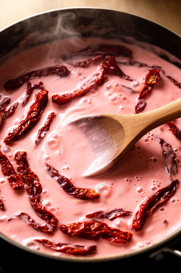 Top-down close-up of a large skillet with creamy rosy-pink sauce bubbling gently, strips of deep red sun-dried tomatoes visible throughout the sauce, wisps of steam rising. The sauce has a glossy, vel