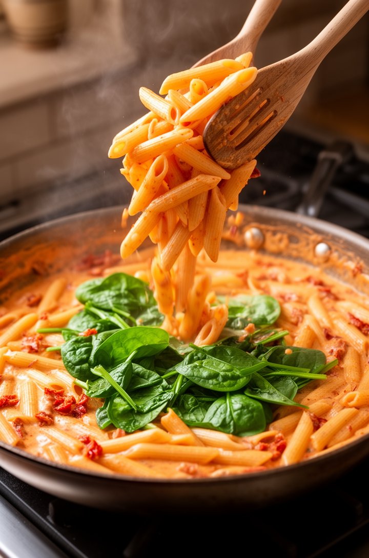 Action shot from a 45-degree angle of cooked penne pasta being tossed into the creamy sun-dried tomato sauce in a large skillet, wooden tongs mid-toss lifting pasta above the pan, sauce splashing slig