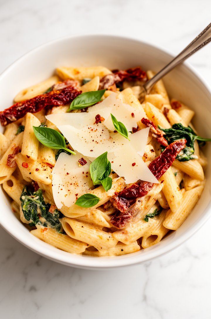Extreme close-up overhead shot of finished creamy sun-dried tomato penne pasta in a white ceramic bowl, parmesan shavings scattered on top, torn fresh basil leaves, a light dusting of red pepper flake