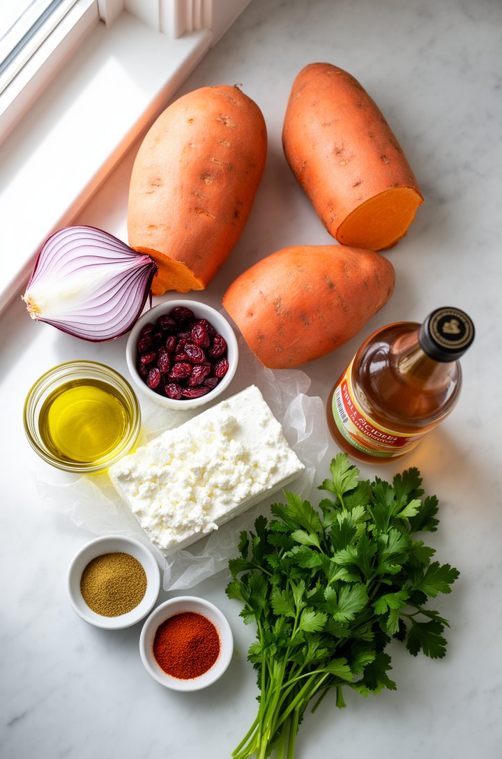 Overhead flat-lay of recipe ingredients arranged on a light marble countertop: three large orange sweet potatoes (one partially peeled), a halved red onion, a small glass jar of golden olive oil, a ra
