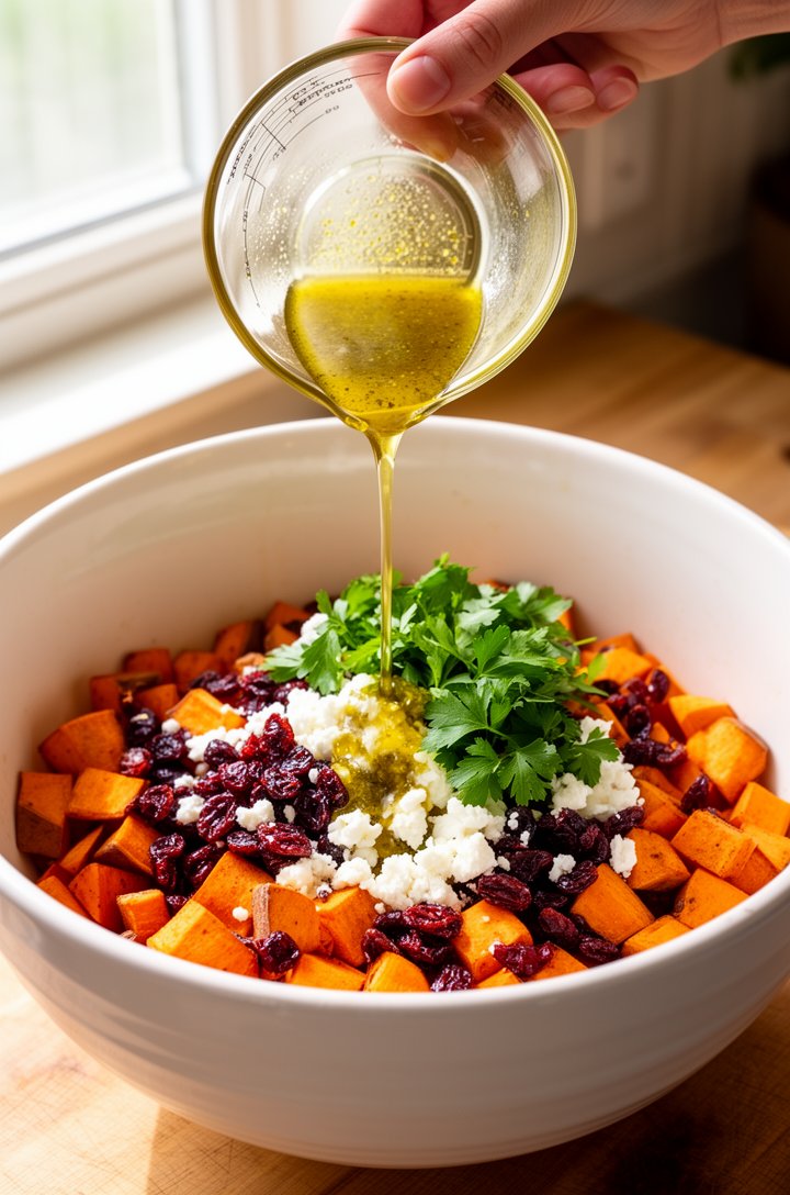 Action shot from slightly above of a hand pouring golden vinaigrette from a small glass measuring cup over warm roasted sweet potato cubes in a large white ceramic mixing bowl. The dressing is catchin