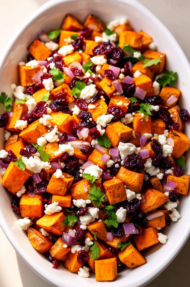Extreme close-up overhead shot of the finished sweet potato salad served in a large white oval serving dish, filling most of the frame. Golden-orange roasted sweet potato cubes with visible caramelize