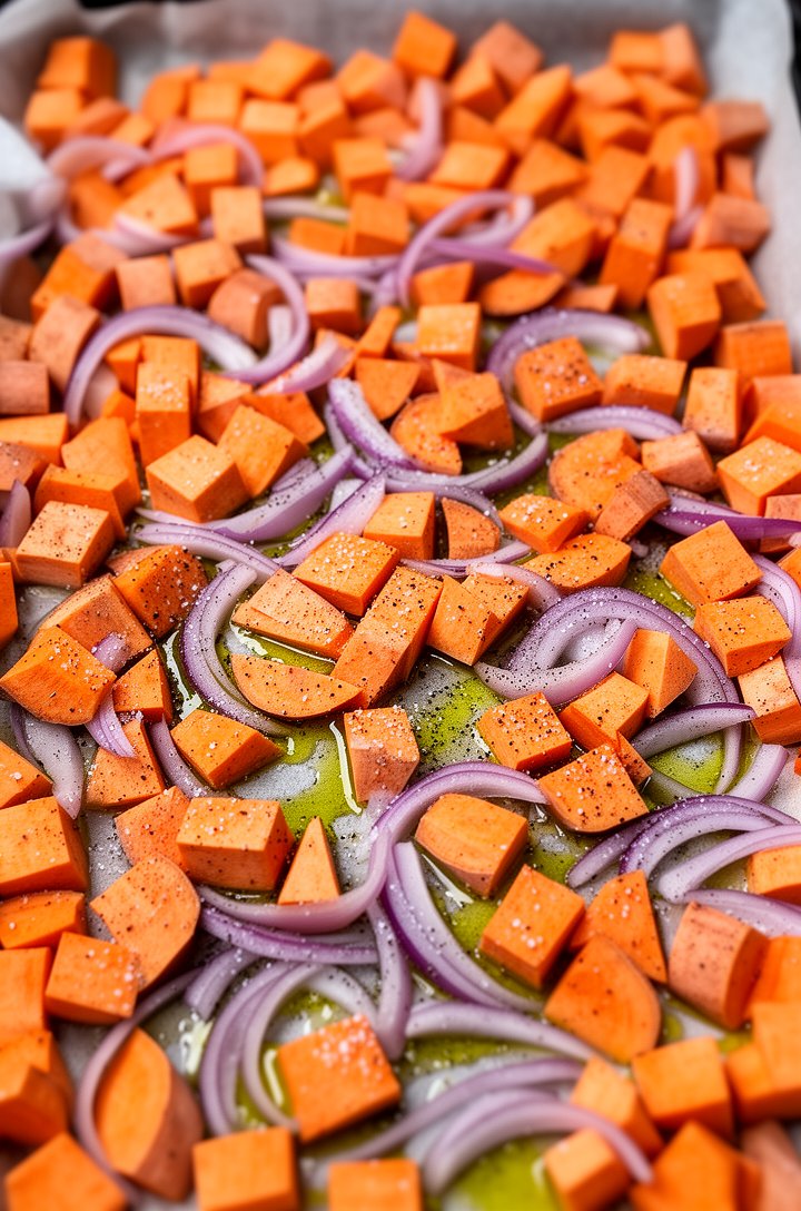 Top-down shot of a large parchment-lined baking sheet with raw sweet potato cubes and red onion half-moons tossed in glistening olive oil, spread in a single even layer, sprinkled with coarse salt and black pepper, about to go into the oven, bright even kitchen lighting