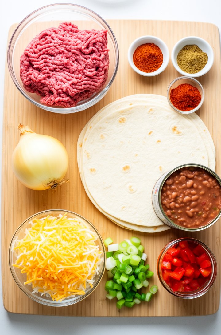 Overhead flat-lay of all taco pie ingredients arranged on a light wooden cutting board — a bowl of raw ground beef, small bowls of chili powder, cumin, and paprika, a halved yellow onion, two large fl