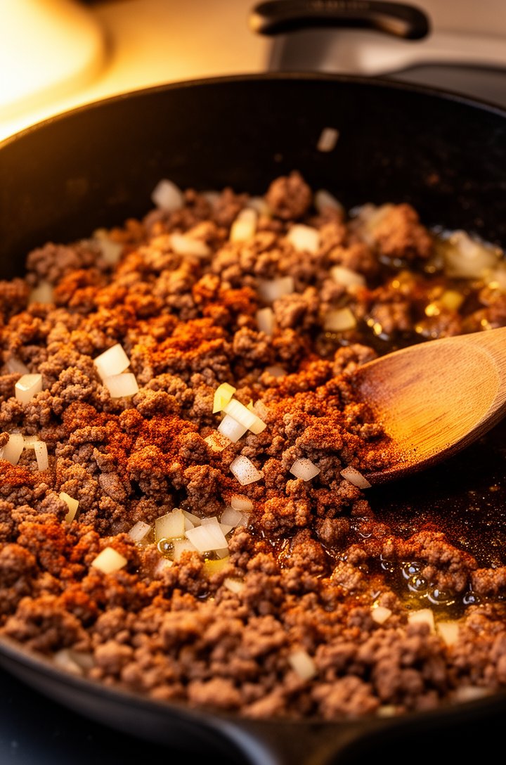 Close-up 45-degree angle shot of seasoned ground beef browning in a dark cast iron skillet, the meat broken into small crumbles with visible spice coating of chili powder and cumin, diced white onion 