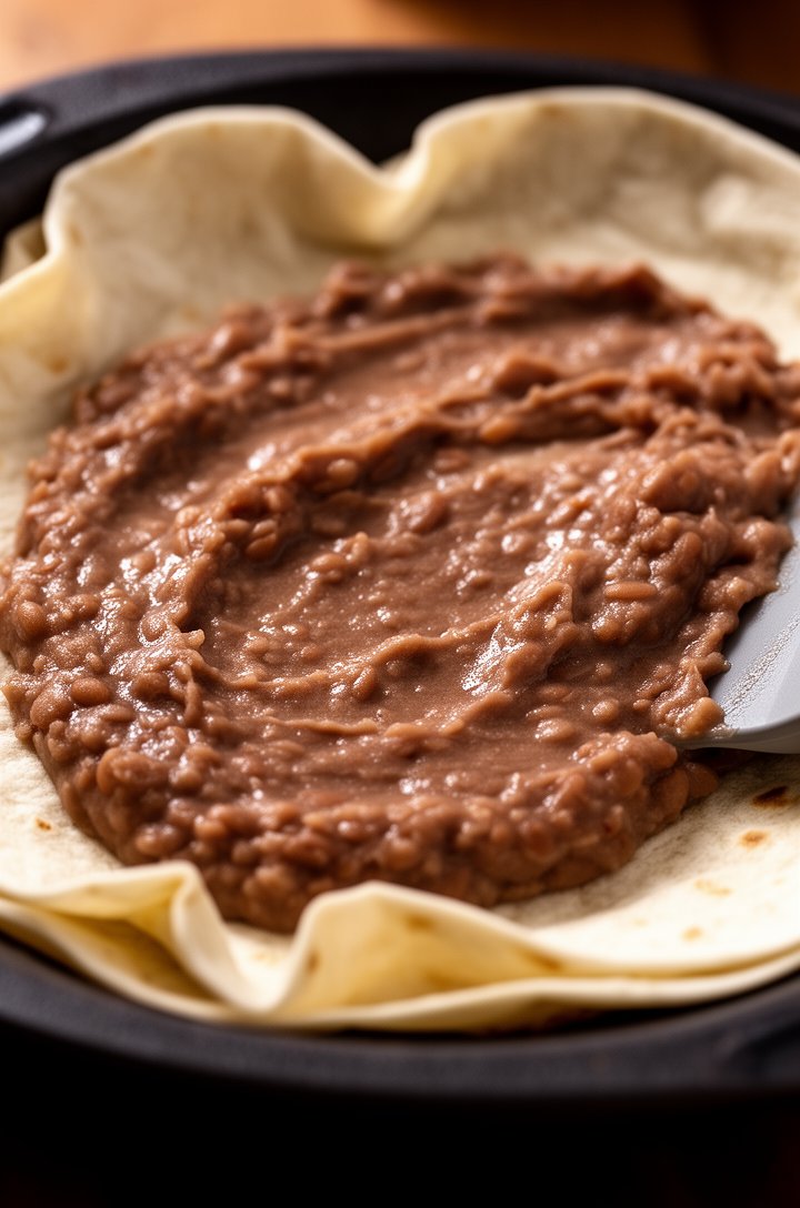 Extreme close-up macro shot of refried beans being spread across a flour tortilla pressed into a dark pie plate, the beans thick and smooth with a slight sheen, the tortilla edges curling up the sides