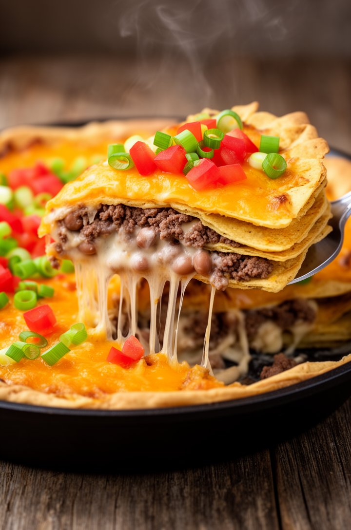 Side-angle close-up of the assembled taco pie fresh from the oven, a slice being lifted with a metal pie server showing the stretchy melted cheese pull, visible layers of golden tortilla, brown season