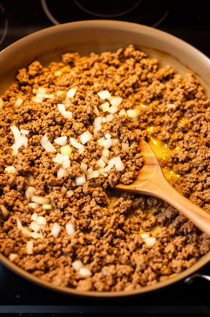 Overhead shot looking directly down into a large skillet on a dark stovetop, ground beef crumbled and browning with diced white onion pieces, warm golden-brown color developing on the meat, small amount of rendered fat visible, a wooden spoon resting in the pan, warm ambient kitchen lighting, clean dark background