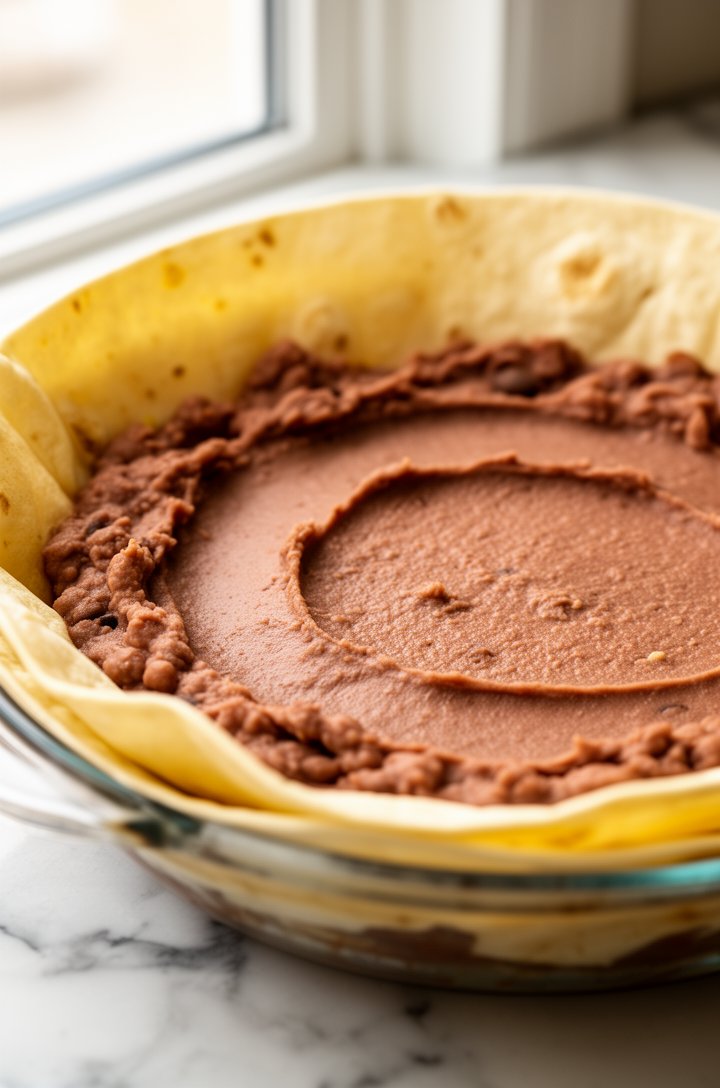 Close-up 45-degree angle of a 9-inch glass pie plate with a large flour tortilla pressed into it, a layer of smooth refried beans spread evenly across the bottom, the tortilla edges coming up the sides of the dish, bright natural lighting from a nearby window, light marble countertop background