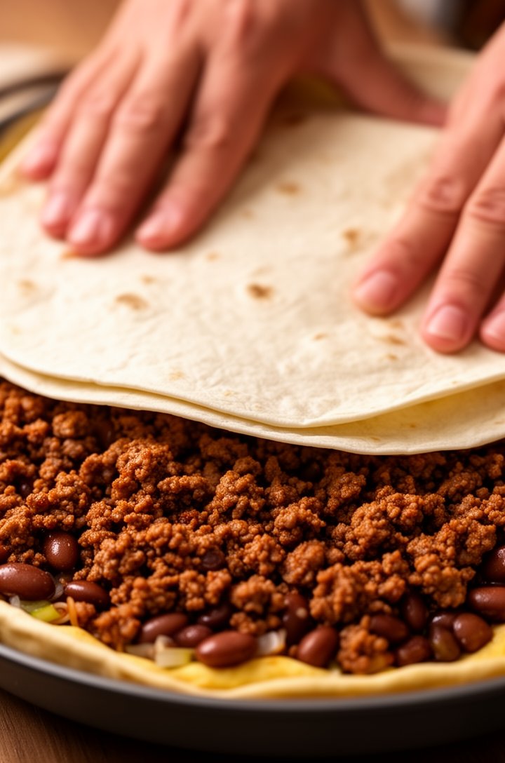 Overhead shot of the pie plate with the seasoned meat mixture spooned over the bean layer, the second flour tortilla being placed on top, hands gently pressing the tortilla down, rich brown meat visible around the edges where the top tortilla doesn't quite cover, warm kitchen lighting