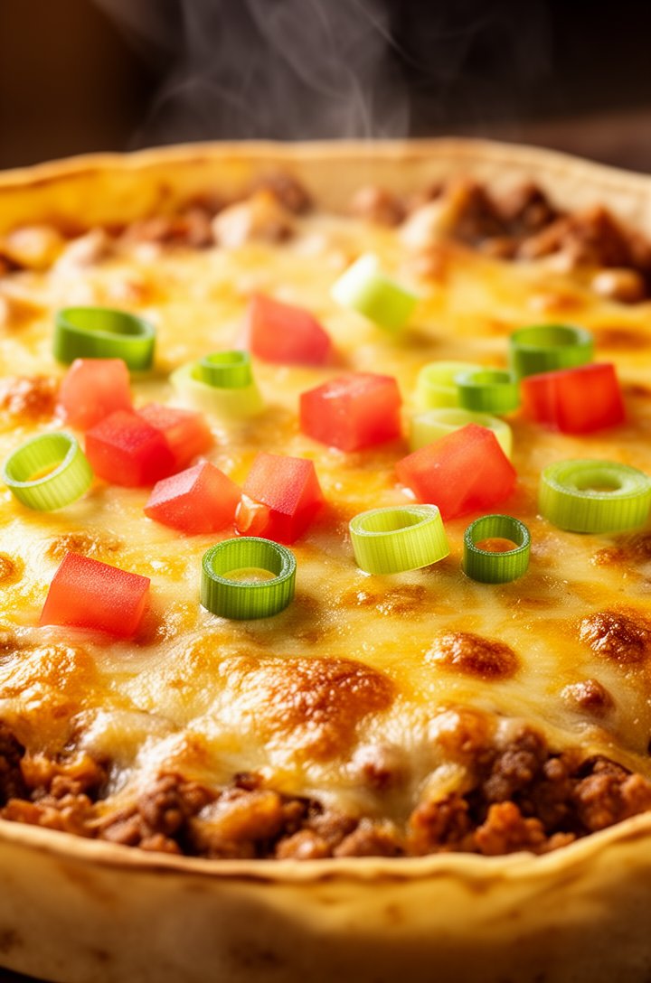 Close-up of the taco pie after the second bake, cheese melted and bubbly with golden spots, diced red tomatoes and bright green scallion rings scattered across the surface, the tortilla edge visible and lightly golden-crisp, steam rising from the surface, warm side lighting creating appetizing shadows in the melted cheese