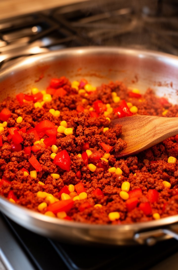 Close-up 45-degree angle shot of seasoned ground beef cooking in a large stainless steel skillet, mixed with diced red bell peppers, yellow corn kernels, and fire-roasted tomatoes. Rich reddish-brown 